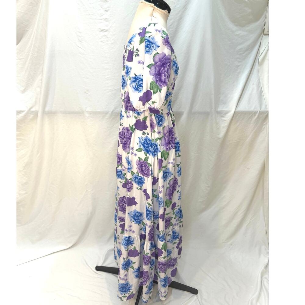 Y&M Floral Maxi Dress Womens S/M Blue Purple Roses Smocked Keyhole Puff Sleeve - Picture 3 of 8